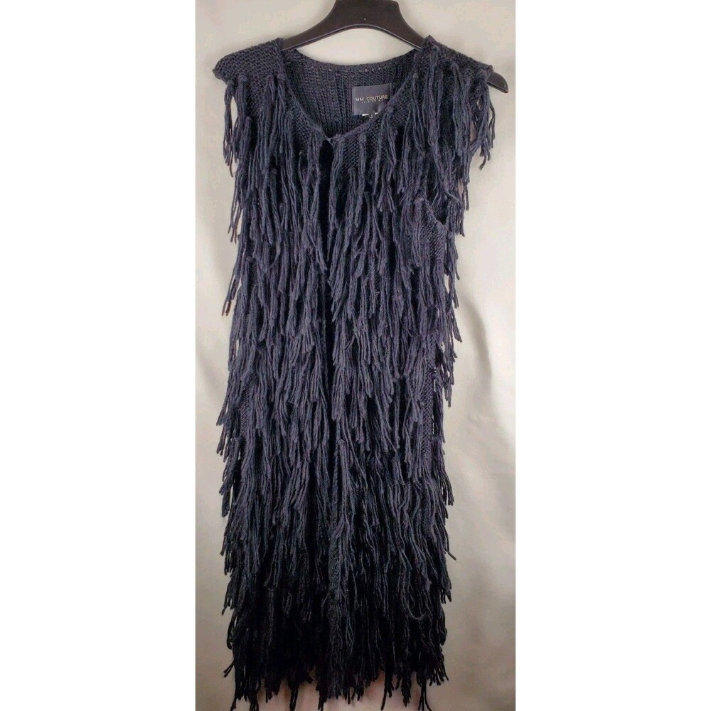 Y2K MM Couture Shaggy Knit Fringe Vest  Small Black Cute Night out